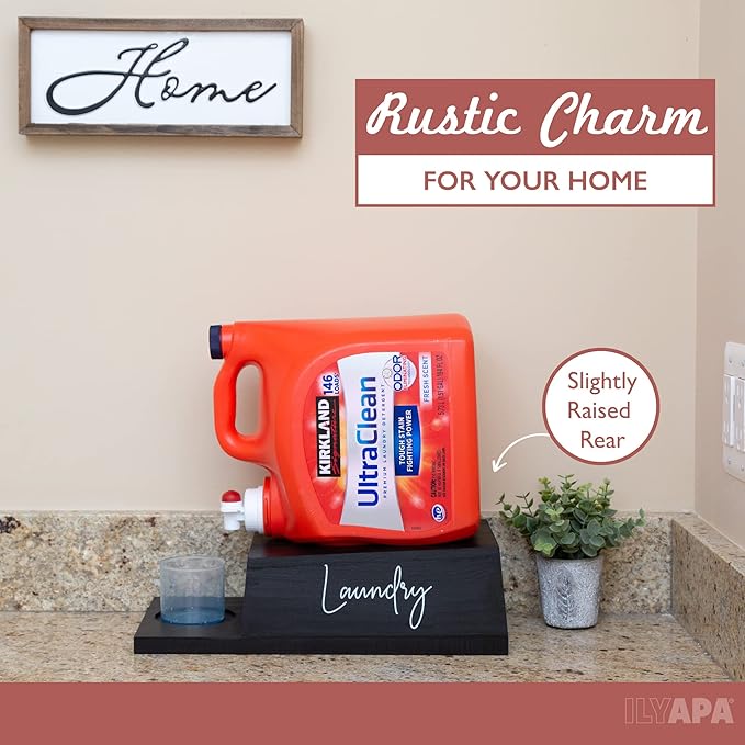 Ilyapa Wooden Laundry Pedestal, Detergent Holder for Fabric Softeners, Accessories for Laundry Room, Black Soap Holder, Detergent Dispenser Stand with Drip Catcher