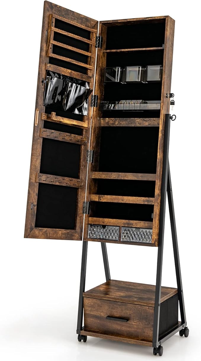 CHARMAID Rolling Jewelry Cabinet with Full Length Mirror, Lockable Standing Jewelry Armoire with Wheels, Steel Legs, Lipstick Brush Storage, Jewelry Organizer Box with Drawers (Rustic Brown)