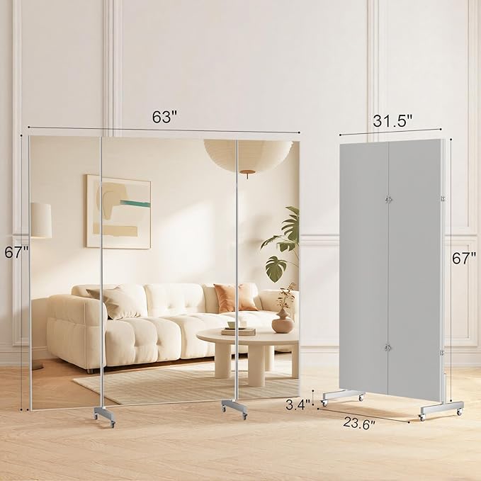 brisafe 67"x63" Folding Mirror with Wheels, 3-Panel Full Length Wall Mirror, Space-Saving Design, Shatterproof Nano Material, Portable Floor Mirror for Gym, Dance Studio, Home, Commercial Use, Black