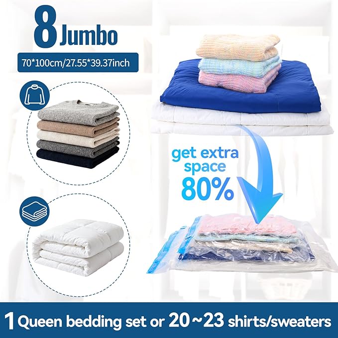 Vacuum Storage Bags with Electric Pump,8 Pack Extra Large Space Saving Vacuum Seal Bags for Bedding,Blankets,Comforters,Duvets,Pillows(8 Jumbo)