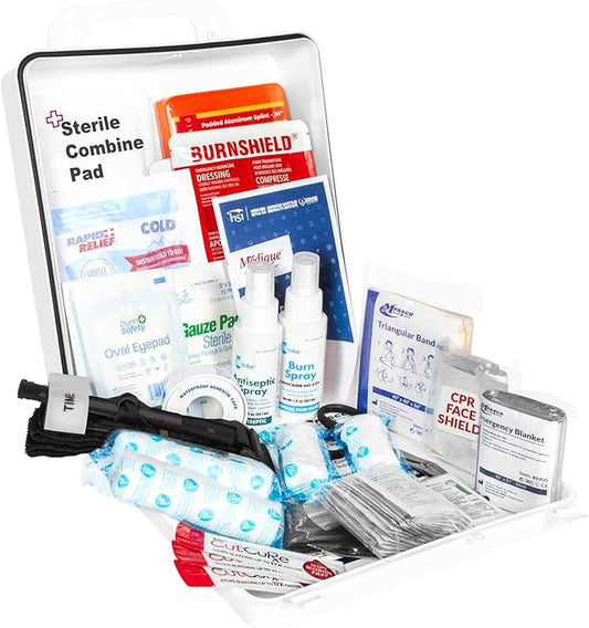 MFASCO 2021 ANSI/OSHA Approved Class B First Aid Kit Type I, II or III 129 pcs, Great for Offices, Shops - Wall-Mounted or Carried, Convienient - in Durable Plastic Box 9 1/2 x 9 1/2 x 3, USA Made