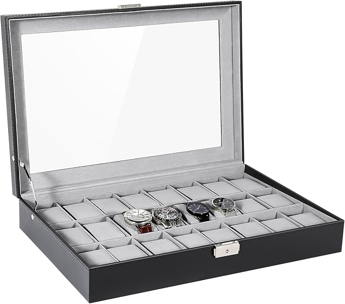 Uten Watch Box, 24 Slots Leather Watch Case, Watch Box Organizer Jewelry Storage with Large Glass Lid, Watch Display Case, Watch Box for Men & Women Gift
