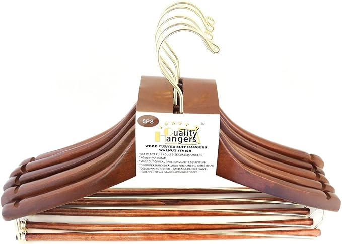 Quality Hangers Wooden Hangers Beautiful Sturdy Suit Curved Hangers Great for Travelers Heavy Duty Coat Hanger with Locking Bar Gold Hooks (5 Pack)