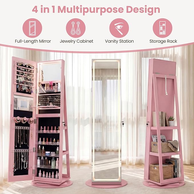 CHARMAID 360° Rotating Jewelry Armoire with LED Lighted Full Length Mirror & Built-in Vanity Mirror, Lockable Standing Jewelry Cabinet with Lights, Large Storage Organizer for Jewelry (Pink)