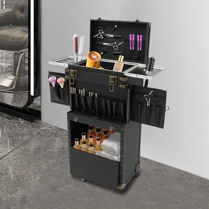 Rolling Makeup Case Large Storage Cosmetic Trolley, Rolling Lockable Makeup Train Case, Stylist Beauty Salon Cosmetic Luggage Travel Organizer Tool Box with Hair Dryer Holder (Black)