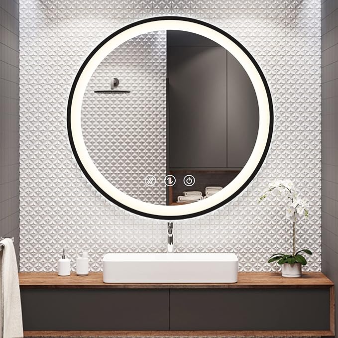 LED Bathroom Mirror with Lights 24'' Black Frame Large Round Makeup Mirror, Wall Mounted Vanity Mirror for 3Colors Dimmable Anti-Fog Memory Smart Light up Wall Mirror Plug-in/Hardwired Circle Mirror