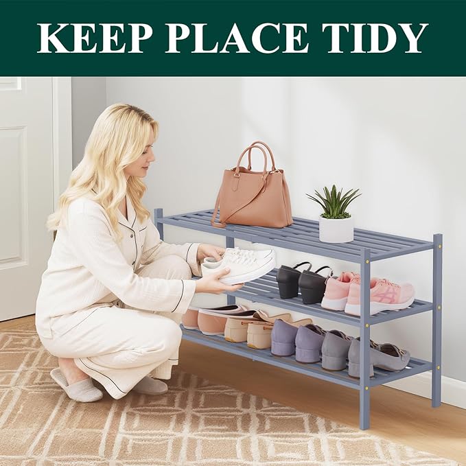 Smiry Long Bamboo Shoe Rack 3-Tier, Stackable Wooden Shoe Organizer for Entryway & Closet, Free Standing Wood Shoe Storage Shelf for Front Door & Small Spaces, Grey