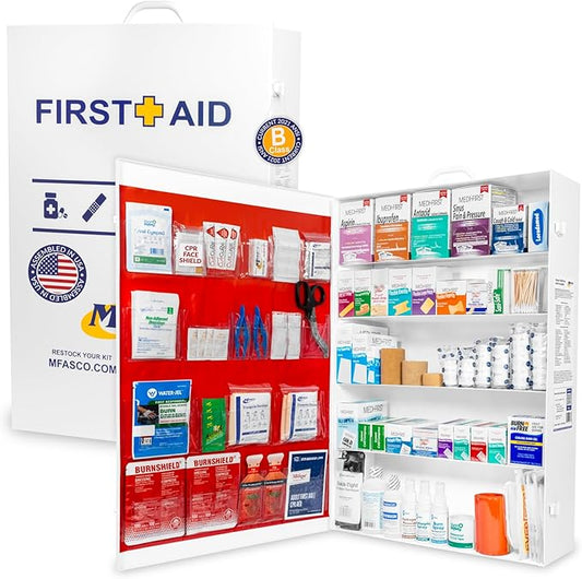 MFASCO 5-Shelf First Aid Kit - 2021 OSHA Compliant Class B, Wall Mount First Aid Cabinet for Businesses & Industrial - Ideal for Office Use - Deluxe Metal First Aid Box, Commercial First Aid Kit