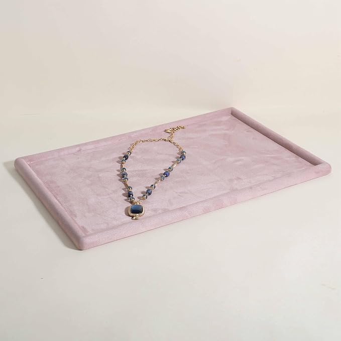 Rectangle Jewelry storage organizer plate, Velvet Jewerly display tray, Empty showcase tray for Necklace Bracelet Ring Earring【Pink-Large, 17.7 x 11.8 in 】