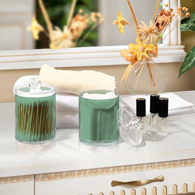 Sage Green Qtip Dispenser Apothecary Jars Bathroom Qtip Holder Storage Canister 10 Oz Plastic Jar for Cotton Ball Swab Round Pads Floss 4pcs