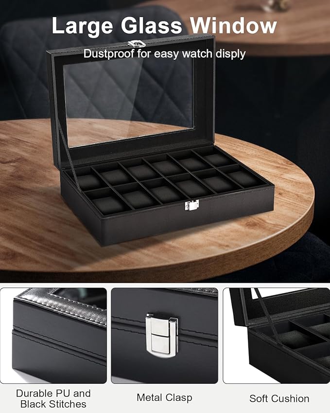 Uten Watch Boxes 12 Slots, Watch Box for Men, Watch Display Case, Watch Storage Box with Removable Cushion, Metal Clasp, PU Leather, Black