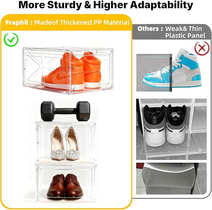 1 Pack Large Clear Shoe Box for Men’s Size 13 Sneakers, Stackable Drop-Front with Magnetic Door, BPA-Free Plastic Display Organizer, 13.5” x 10.55” x 7.5” – Transparent