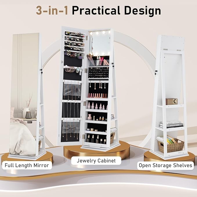 CHARMAID Swivel Jewelry Armoire with Full-Length Mirror & Lighted Makeup Mirror, 360° Rotating Jewelry Cabinet Organizer for Earrings, Rings, Necklaces, Bracelets, Back Storage Shelves (White)
