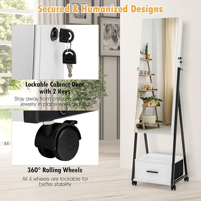 CHARMAID Rolling Jewelry Cabinet with Full Length Mirror, Lockable Standing Jewelry Armoire with Wheels, Steel Legs, Lipstick Brush Storage, Jewelry Organizer Box with Drawers (White)