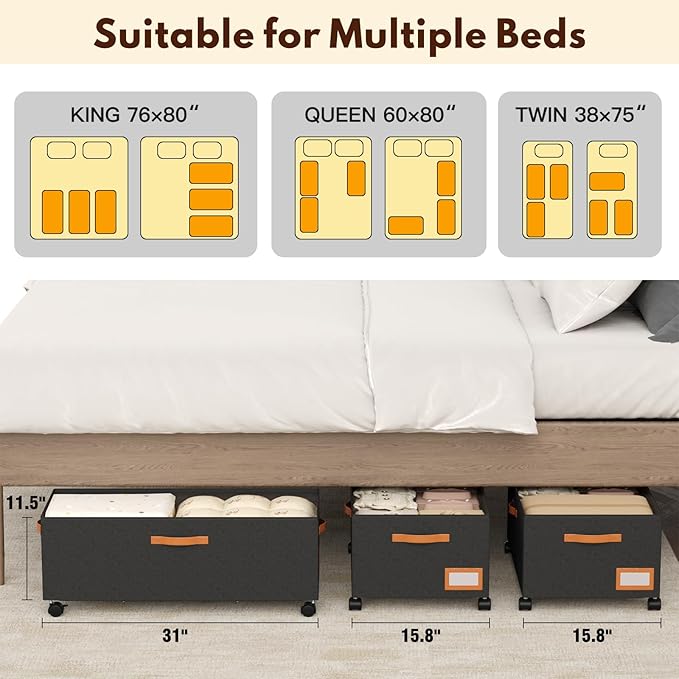 Under Bed Storage with Wheels,12inch Tall Under Bed Storage XXL 80L, Under Bed Storage Containers with Clear Lids,No Assemble Rolling Storage Bins Large Capacity for Closet, Blankets,Shoes,Toys