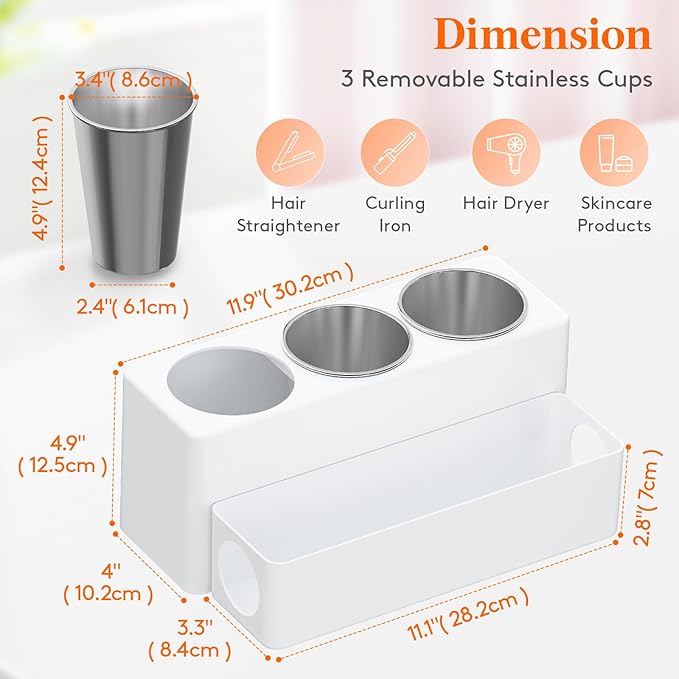 Lifewit Hair Tool Organizer Countertop, Removable Blow Dryer Holder for Bathroom, Acrylic Hot Tools Organizer Storage for Curling Iron, Brush, Straightener, 3 Stainless Cups, White, 30 cm/12 inch(L)