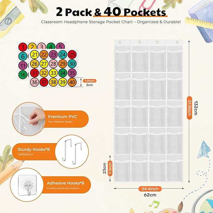 2 Pack Classroom Headphone Storage Organizer with 40 Pockets, PVC Clear Headphone Holder for Classroom Storage Office School Teaching Aids Storage Home Over-the-Door Hanging Bag with 102 Labels (2pcs)
