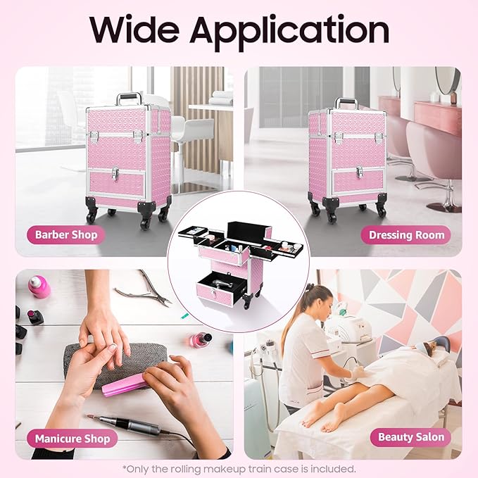 Professional Rolling Makeup Case Pro Makeup Artist Cosmetic Train Case Hairstylist Travel Case Portable Make Up Station with Lockable Drawer & 4 Swivel Wheels - Pink