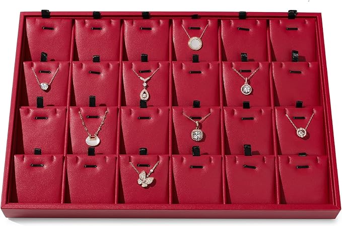 Red Leather Jewelry Tray Necklace Display Tray Jewelry Drawer Organizer Necklace Bracelet Holder Organizer Tray Stackable Jewelry Trays for Necklace Bracelet Pendant (Red