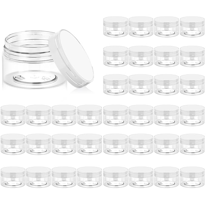 Eternal Moment 36 Pack 1 OZ Plastic Jars Round Clear Cosmetic Container Jars with Clear Lids, Perfect for Lotion, Slime，Cream, Ointments, Makeup, Eye Shadow, Samples, Pot, Travel Storage