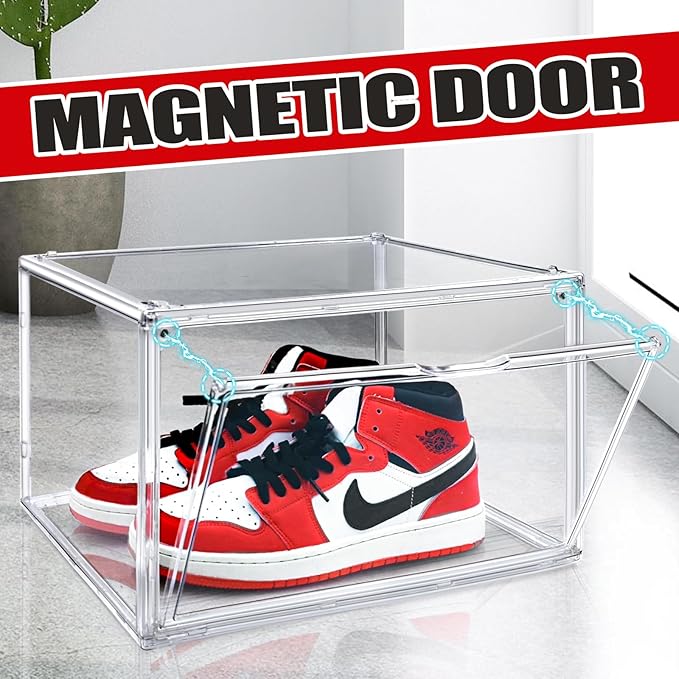 10 Pack Acrylic Shoe Boxes, Sneaker Display Case Size 14, Clear Shoe Organizer Stackable Plastic Stackable Storage Box Handbag Purse Organizer Shoes with Magenetic Lid