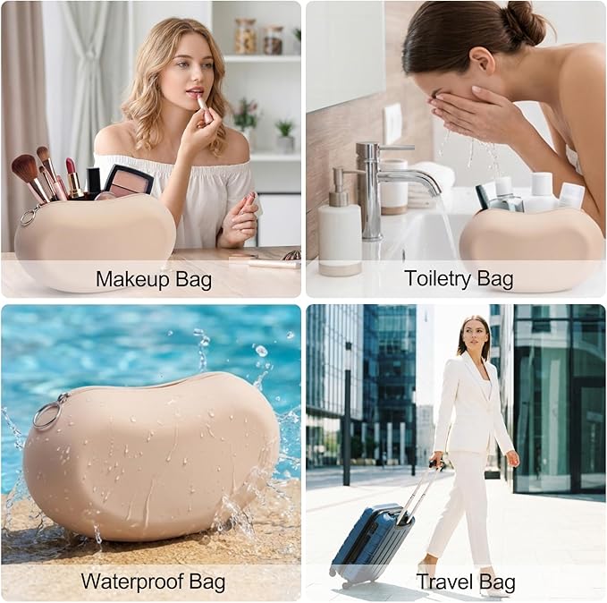 Silicone Makeup Bag for Travel, Zipper Makeup Tools Bag, Large Makeup Brush Holder, Waterpoof Toiletry Bag, Large Capacity Cosmetic Bags, Gifts for Girls Girlfriend Wife Birthday Gift (Khaki)