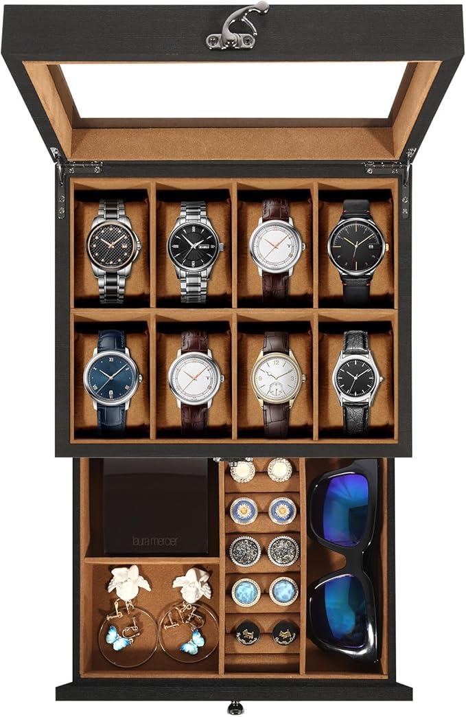 Uten 8-Slot Watch Box, 2-Layers Solid Wood Watch Display Case with Glass Lid, Watch Holder Organizer with Soft Pillow and Velvet Lining, Watch and Jewelry Storage Box