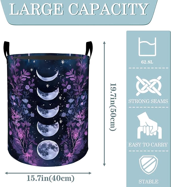 Moon Phase Floral with Starry Sky Laundry Basket, Dirty Collapsible Clothes Toy Organizer Hamper for Kids Adults, Oxford Cloth Waterproof Storage Bin for Room Bathroom Decor Gifts, 19.7"X15.7"
