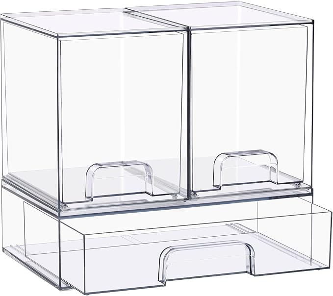 Sorbus Stackable Acrylic Storage Drawers – 2 Tall + 1 Wide – 3 Pack Clear Plastic Organizer Bins for Baby Bottles, Makeup, Bathroom & Vanity, Pull-Out Drawer Design for Kitchen Cabinets