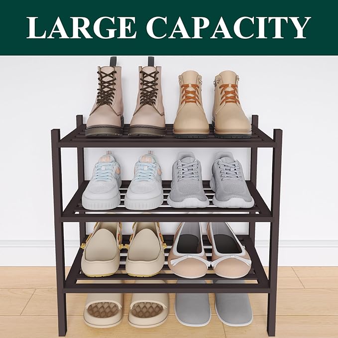 Smiry Small Bamboo Shoe Rack 3-Tier, Stackable Wooden Shoe Organizer for Entryway & Closet, Free Standing Wood Shoe Storage Shelf for Front Door & Small Spaces, Brown