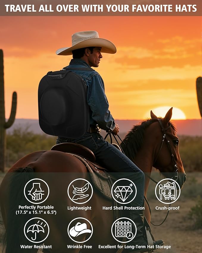 Crush-Proof Travel Hat Case - Hard Shell Carrier for Cowboy, Fedora, Panama & Tweed Hats with Luggage Strap & Handle