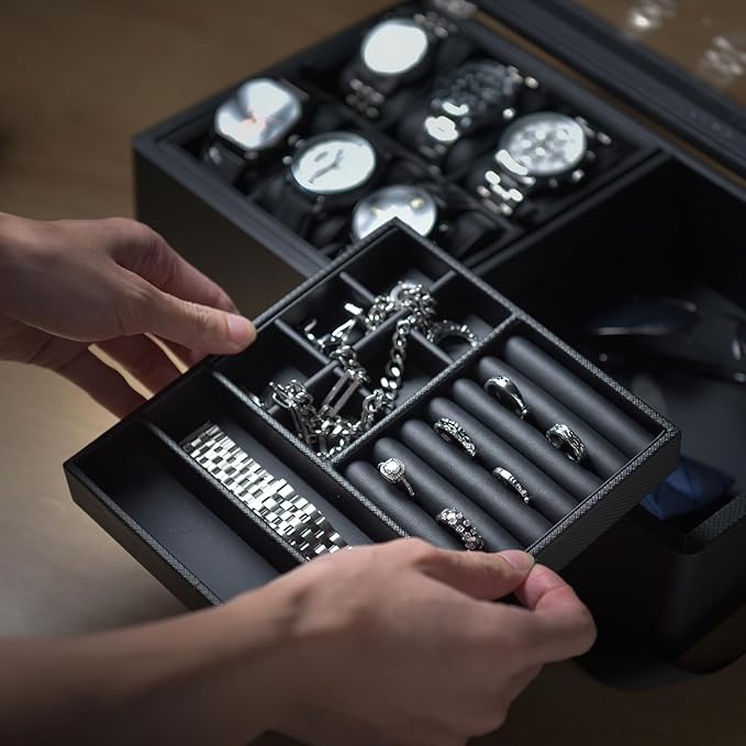 Vlando 6-Slot Watch Box Organize, Lockable Watch Case with Textured Leather, 2 Layer Watch Holder for Rings, Bracelets, Glasses, Glass Lid, Removable Divider, Gift for Fathers, Husband, Friend, Black