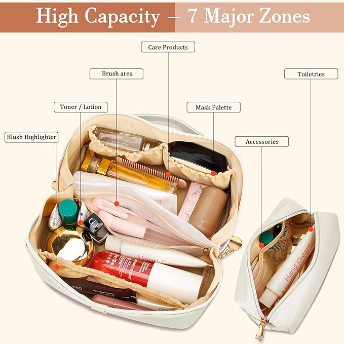 Valentine's Day Gifts for Women Teen Girl, Personalized Initial Makeup Organizer Bag Set, Open Flat Travel Cosmetic Bag With Clear Divider and Handle(Beige,I)