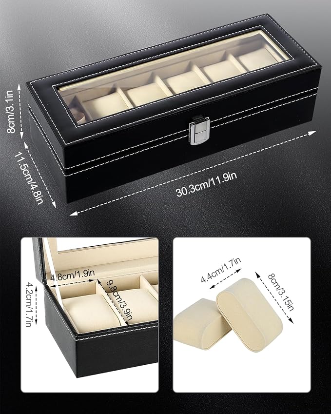 Uten Watch Box, 6 Slots Watch Case, Watch Box Organizer Jewelry Storage with Large Glass Lid, Watch Display Case, Watch Box for Men & Women