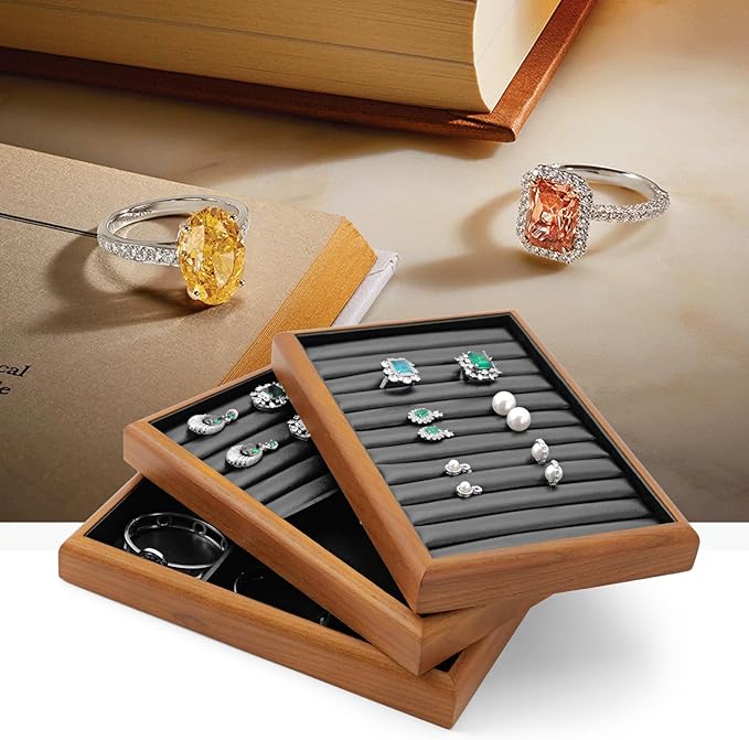 Oirlv Solid Wood 6 Grid Jewelry Organizer Tray Jewelry Drawer Organizer(Black)