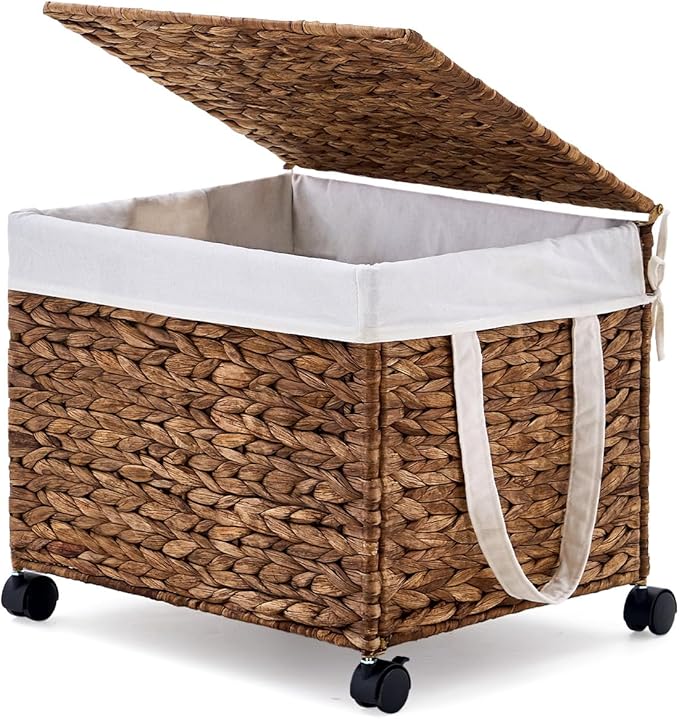 Laundry Hamper with Lid, Large Capacity Woven Natural Water Hyacinth Laundry Sorter with Removable Liners, Rolling or Non-Slip Design for Bedroom (Espresso, 60L)
