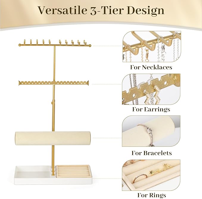 Tirzah 3-Tier Adjustable Jewelry Holder Organizer Stand with 20 Necklace Hooks, 18 Earring Holes and Notches, Bracelet Holder, 6 Ring Rolls, Jewelry Tray for Girls, Women