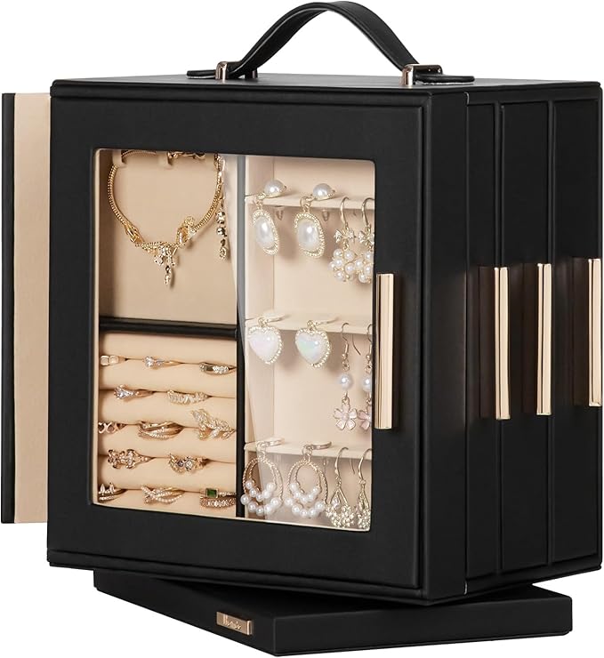 Homde Valentine's Day gifts Jewelry Box 360° Rotating, Necklace Earring Organizer with Transparent Window, Mirror, 7 Drawers, Large Ring Display Storage Case for Girls Women (Black)