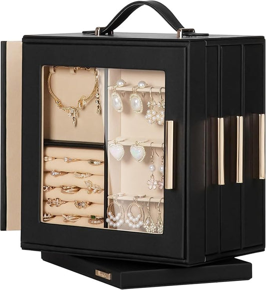 Homde Valentine's Day gifts Jewelry Box 360° Rotating, Necklace Earring Organizer with Transparent Window, Mirror, 7 Drawers, Large Ring Display Storage Case for Girls Women (Black)