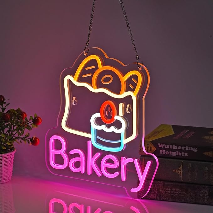 Bakery Neon Sign for Wall Decor LED Light up Sign Kitchen Baking Dessert Shop Restaurant Business Signage Cake Food Shop Cafe Birthday Party 12.6" x 11.8" Led Art Hanging Decorative Gifts