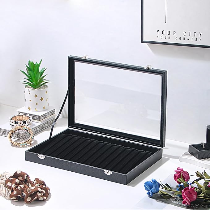 14 Hooks Necklace Storage Tray, Velvet Neckalce Organizer Box with Clear Lid, Pendant Chain Necklace Jewelry Organizer Drawer Tray for Women Girls (Black)