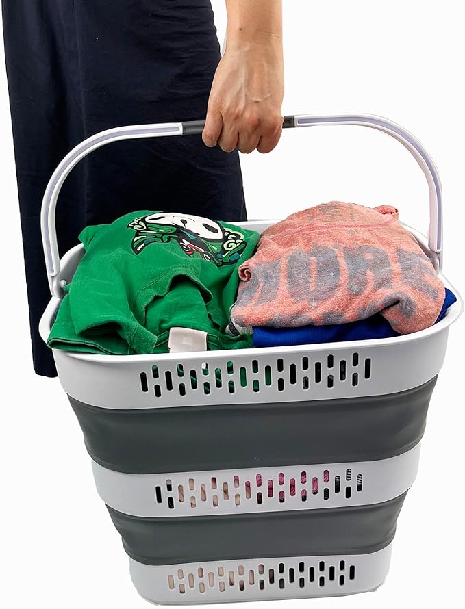 SAMMART 40L (10.5 Gallon) Collapsible Plastic Laundry Basket - Foldable Pop-Up Storage Container/Organizer – Portable Space Saving Laundry Hamper (1, White/Steel Grey)