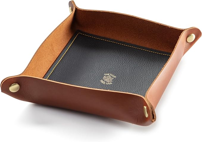 USA Handmade Premium Leather Valet Tray, Folds Flat! Dice Rolling Basket and Organizer with Brass Snaps (Chestnut and Blue Gold, Large)