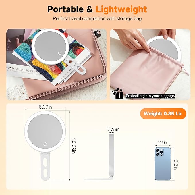 Travel Makeup Mirror with Lights, Lighted Magnifying Mirror 10X, 4-in-1 Portable for Handheld, Tabletop, Hanging and Wall Mount with Suction Cup and 3 Color Light, Ideal Gift for Women and Seniors