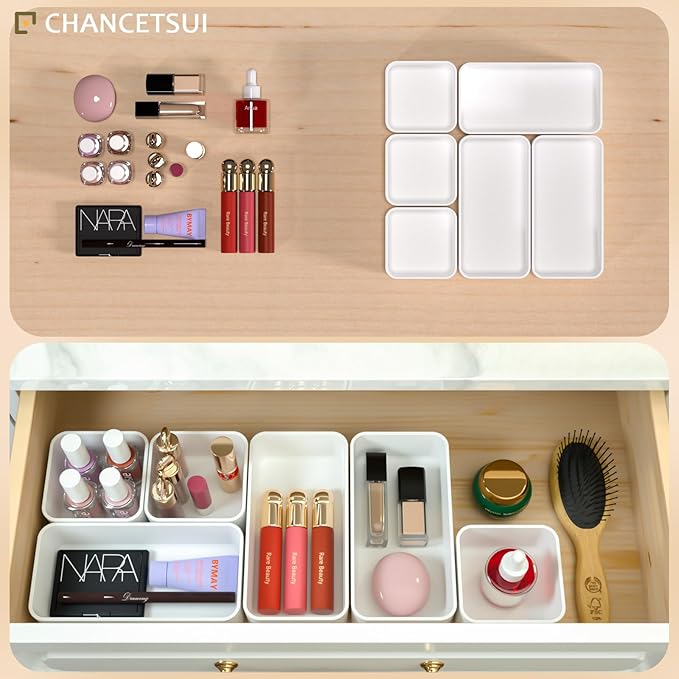 CHANCETSUI White Makeup Drawer Organizer for Vanity: Bathroom Cosmetic Organizers Trays and Storage, Stackable Plastic Drawers Organization.
