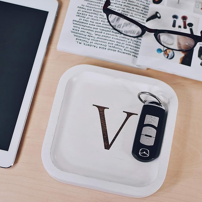 I'm Wooden Personalized Letter Catchall Valet Tray Trinket Dish Jewelry Tray Key Bowl Decorative Plate Organizing Ring Earrings Necklaces Bracelet Watch Coins Wallet Holder (6"x6" Sq White V)