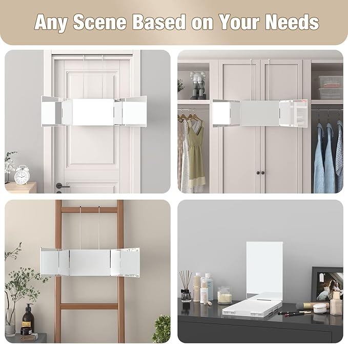 Dripex 3 Way Mirror for Men or Women, 360° Trifold Self Haircut Mirror with Height Adjustable Hooks, for Makeup, Styling, Shaving, Braiding, Dye Hair (White Without Led)