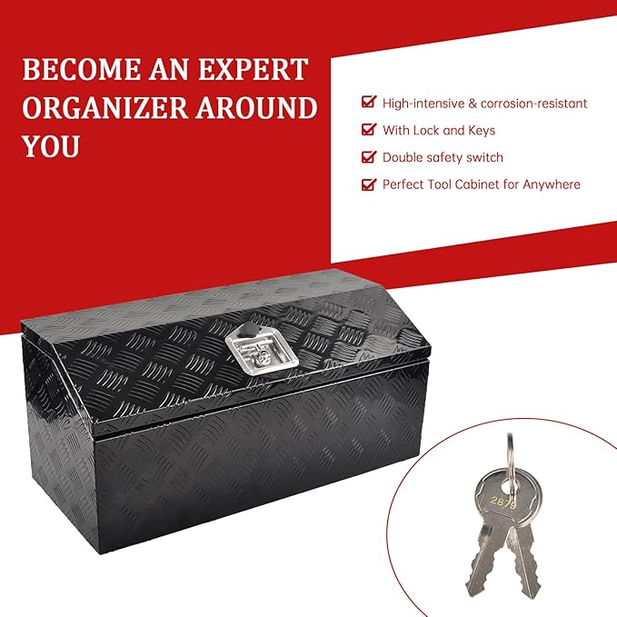 30'' Inch Aluminum Trailer Tongue Tool Box Truck Bed Toolbox Underbody Storage Organizer Waterproof Square Storage Organizer with Lock and Keys Black(‎30" L x 13.2" W x 13.5" H)