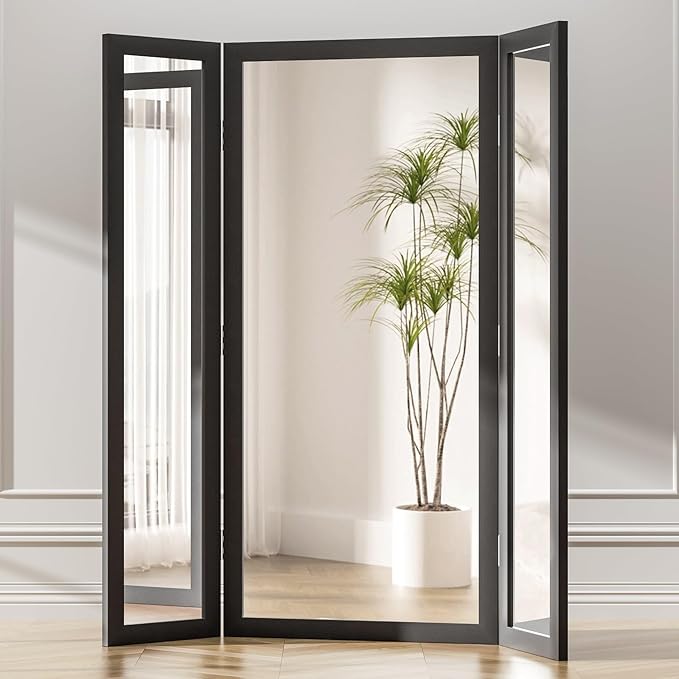 3 Way Mirror Full Length with Tempered Glass, 71"x67" Oversized Bridal Triple-Fold Floor Mirror with Wood Frame, Decorative Trifold Mirror for Home,Wedding Dress/Clothing Shop/Bedroom/Closet (Black)