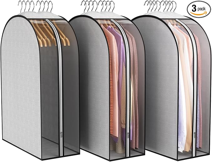 10" Gusseted Garment Bags for Hanging Clothes 32" Suit Bags for Open Closet Storage, Side Clear Clothing Cover for Coat, Dress, Jacket, Shirt, Fur Wardrobe Protector, 3 Packs, Grey
